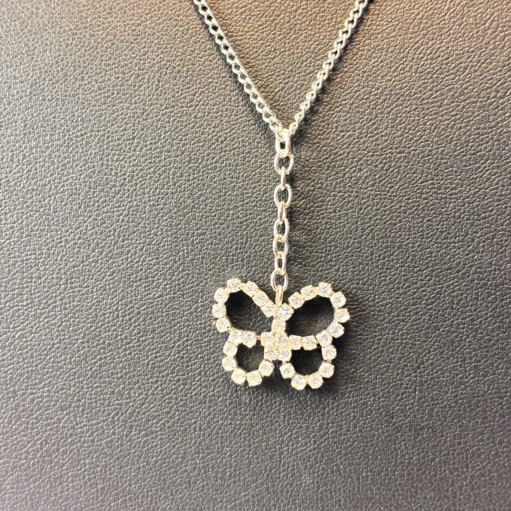 Y2K Butterfly Pendant Necklace Silver Rhinestone Fairycore Aesthetic Vintage